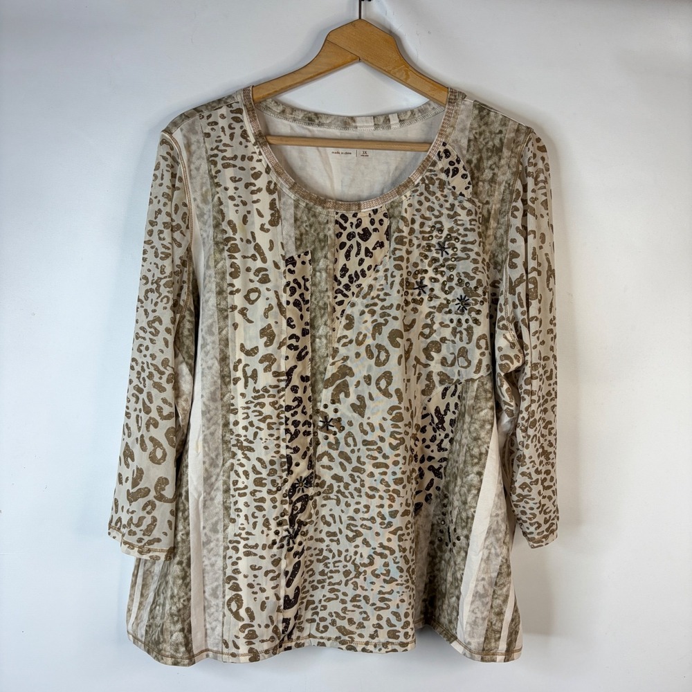 Coldwater Creek Top Women 3X Brown Leopard Stripe Mesh Sleeve Mixed Media